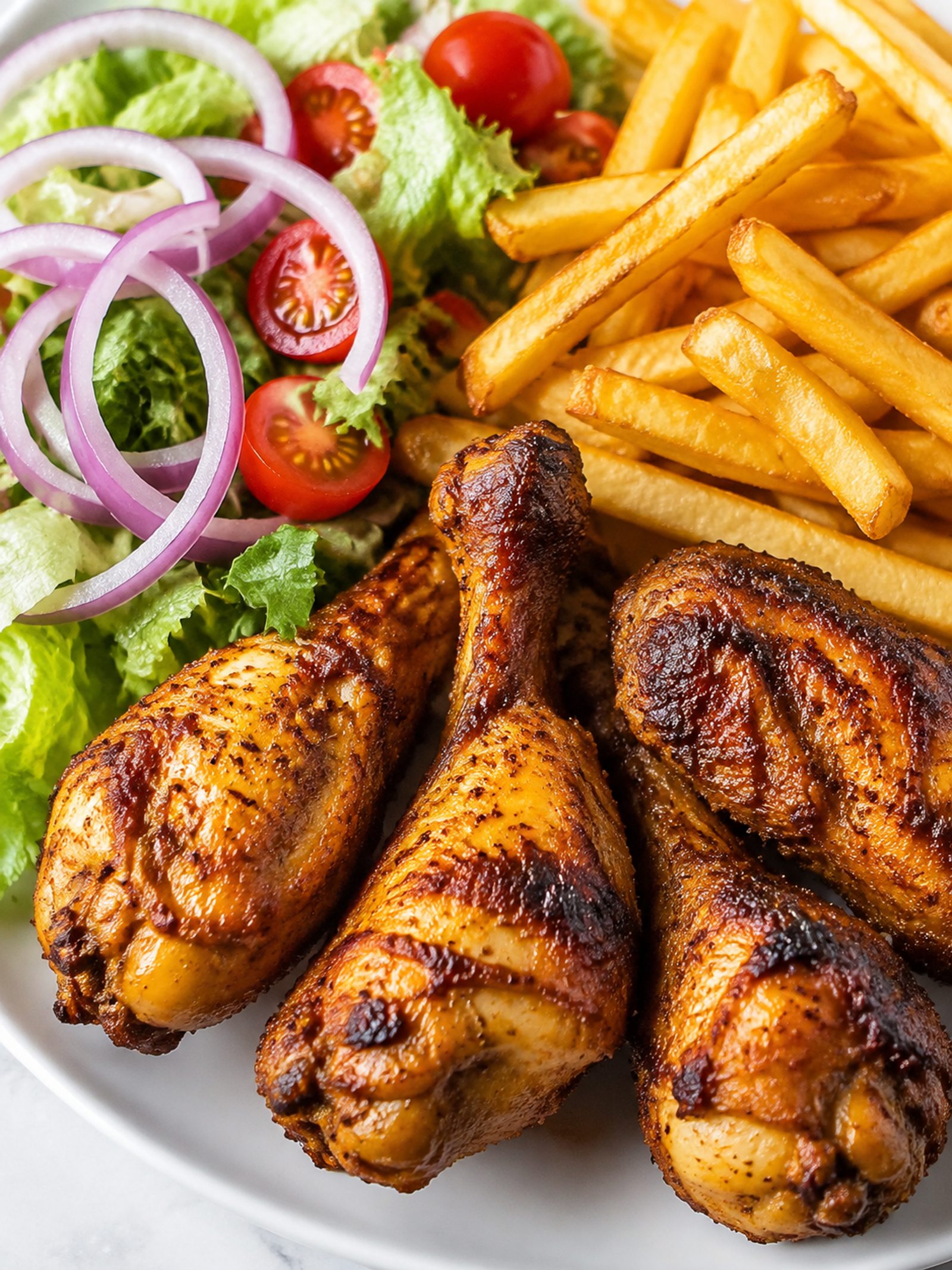 Spiced Chicken Drumsticks with Crispy Fries & Fresh Salad