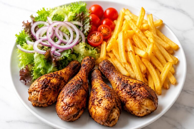 Spiced Chicken Drumsticks with Crispy Fries & Fresh Salad