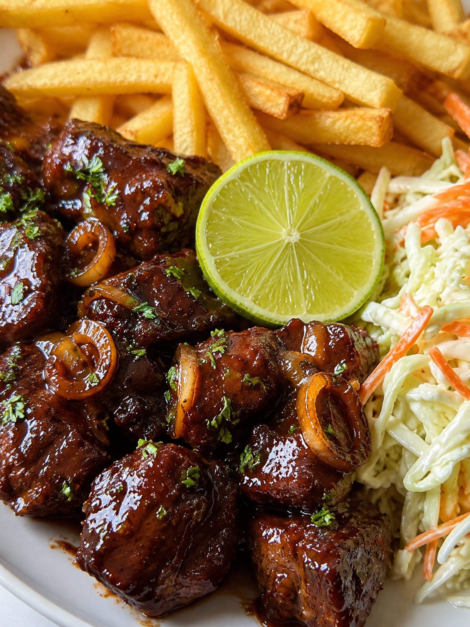 Sticky Beef Bites with Crispy Fries & Creamy Coleslaw