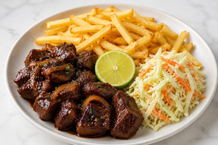 Sticky Beef Bites with Crispy Fries & Creamy Coleslaw